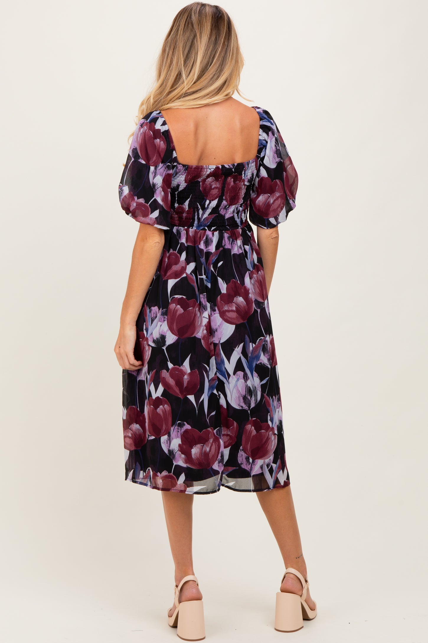 Plum Tulip Floral Smocked Puff Sleeve Maternity Midi Dress