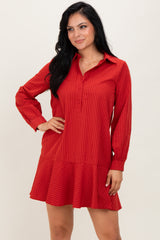 Rust Striped Long Sleeve Drop Waist Maternity Polo Dress