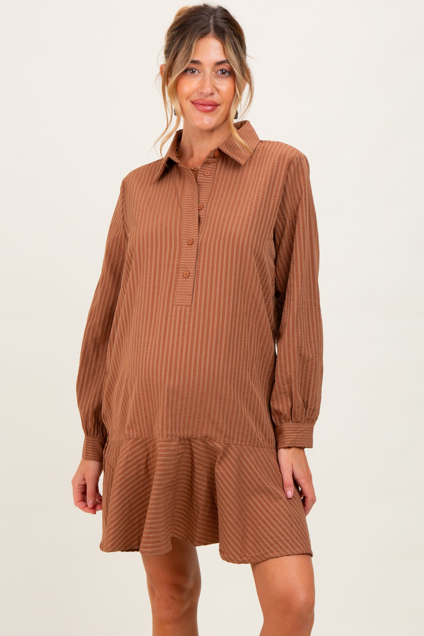 Camel Striped Long Sleeve Drop Waist Maternity Polo Dress