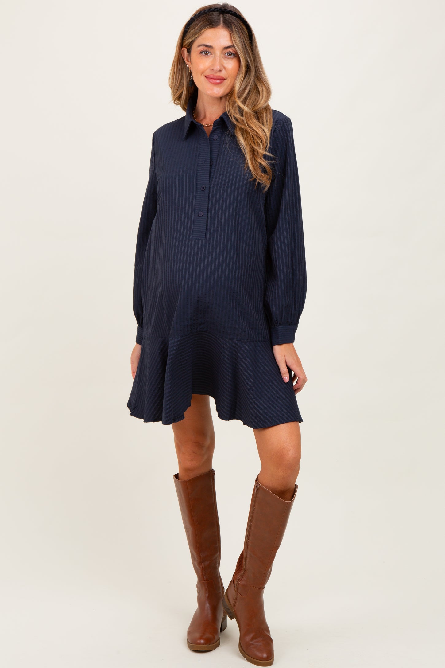 Navy Striped Long Sleeve Drop Waist Maternity Polo Dress