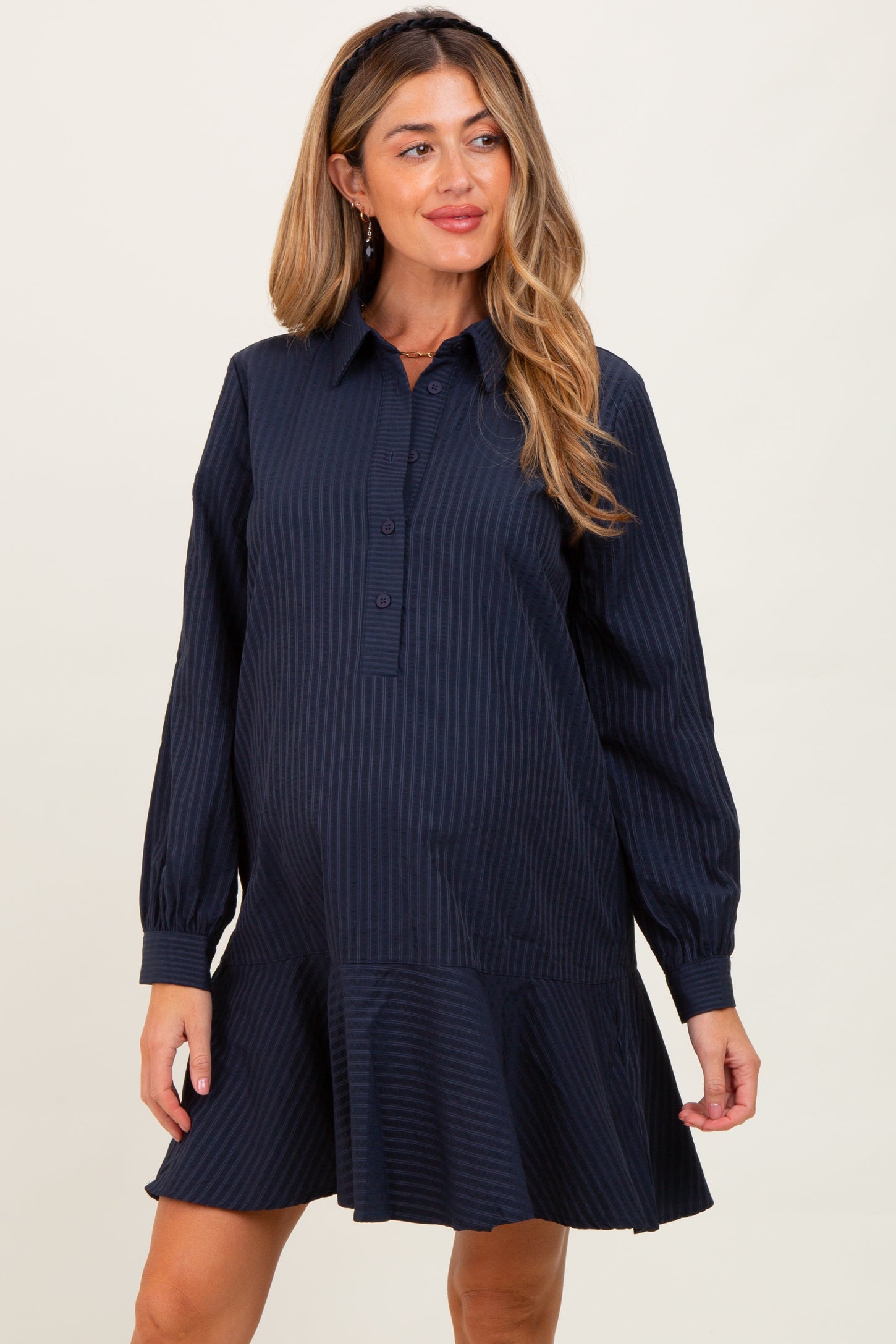 Navy Striped Long Sleeve Drop Waist Maternity Polo Dress
