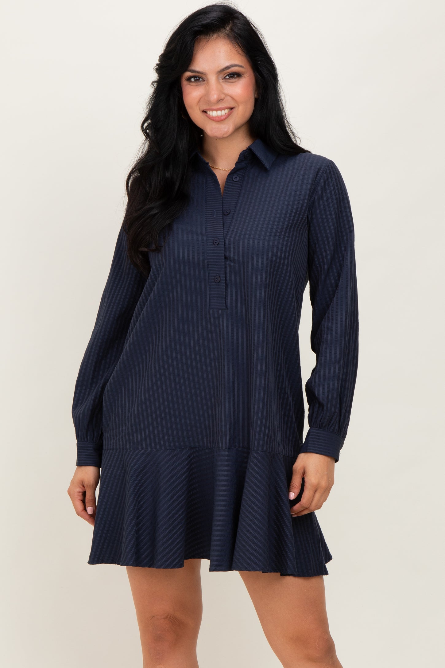 Navy Striped Long Sleeve Drop Waist Maternity Polo Dress