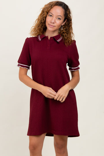 Burgundy Jacquard Ruffle Accent Polo Dress