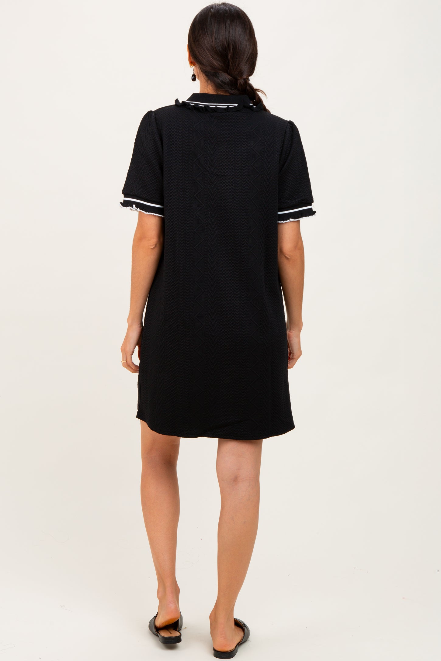 Black Jacquard Ruffle Accent Polo Dress