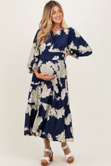 Navy Floral Long 3/4 Sleeve Tiered Maternity Midi Dress