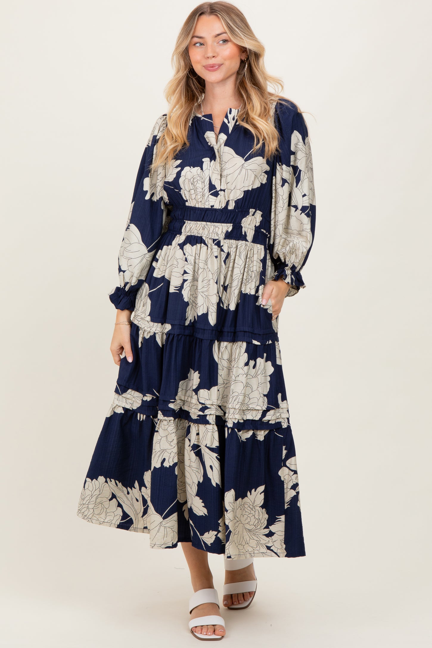 Navy Floral Long 3/4 Sleeve Tiered Maternity Midi Dress
