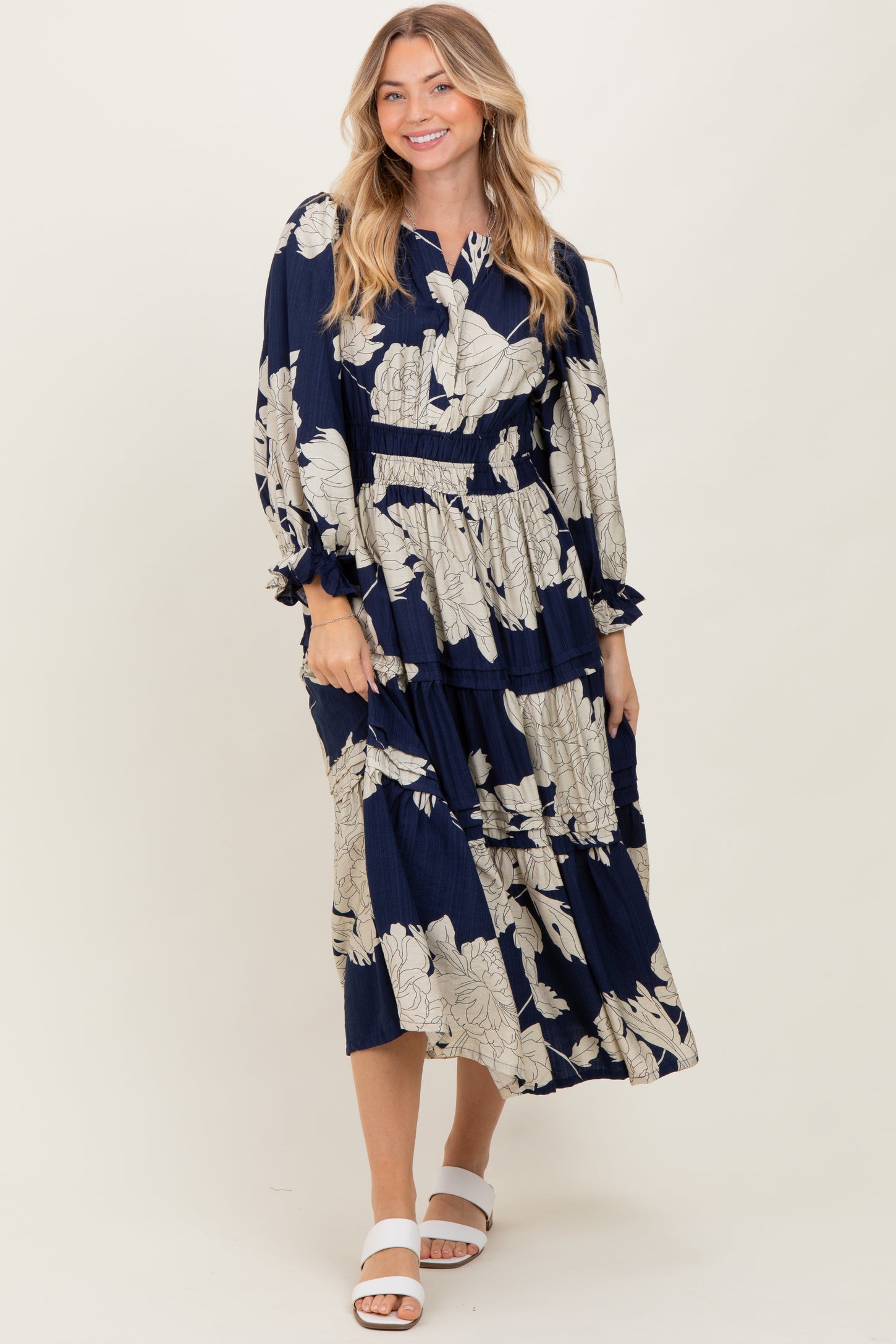 Navy Floral Long 3/4 Sleeve Tiered Midi Dress