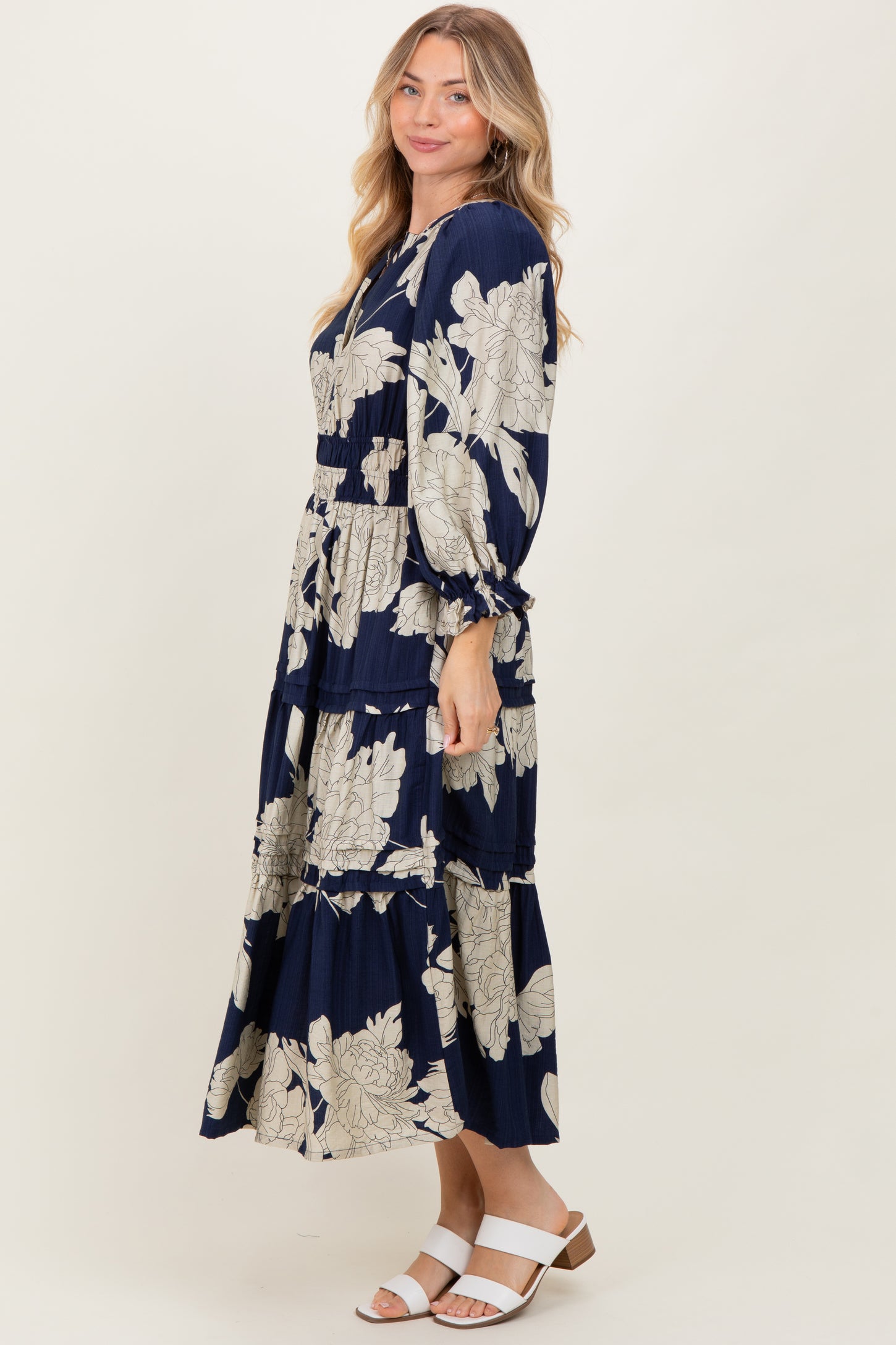 Navy Floral Long 3/4 Sleeve Tiered Midi Dress