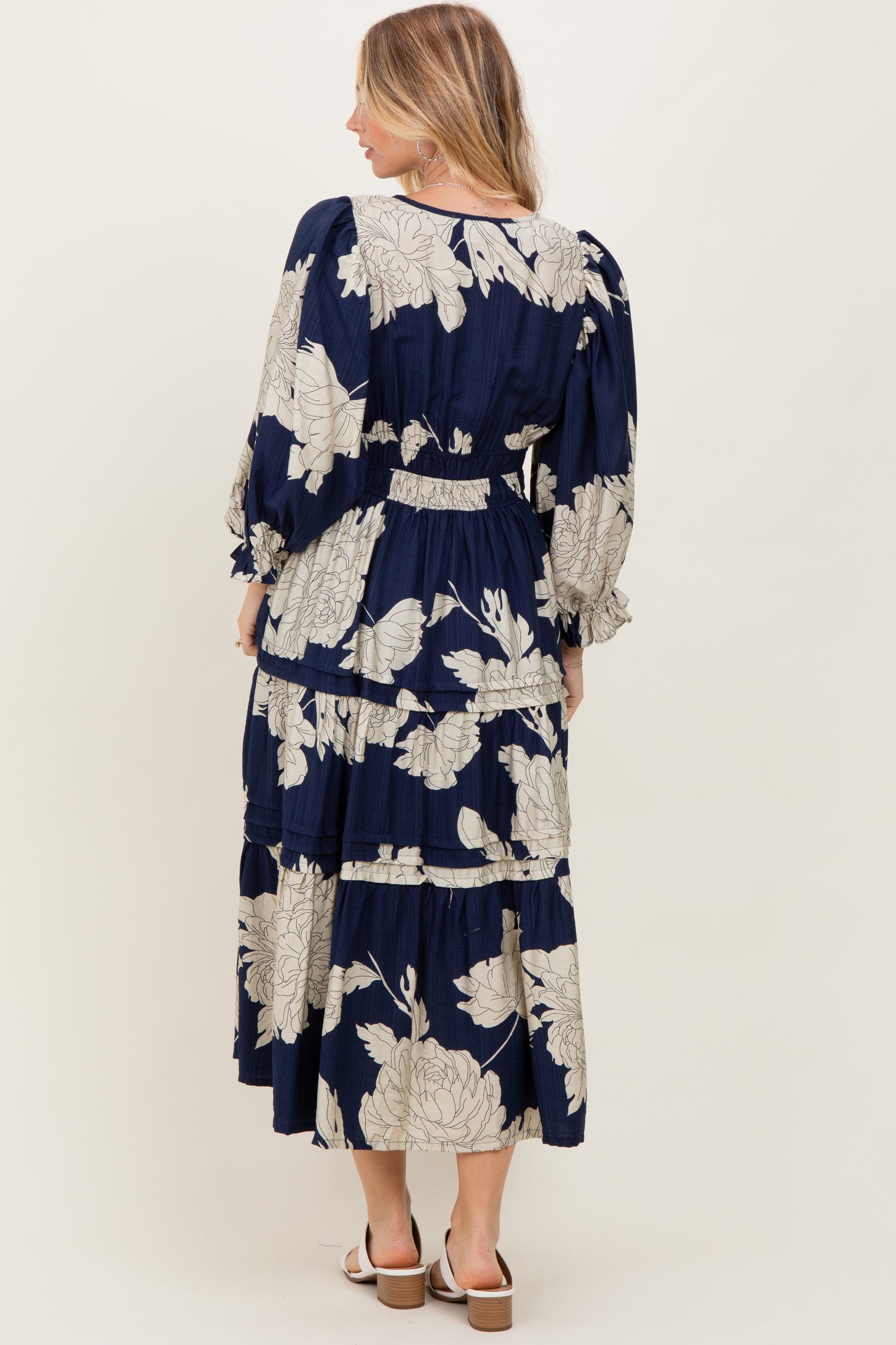 Navy Floral Long 3/4 Sleeve Tiered Midi Dress