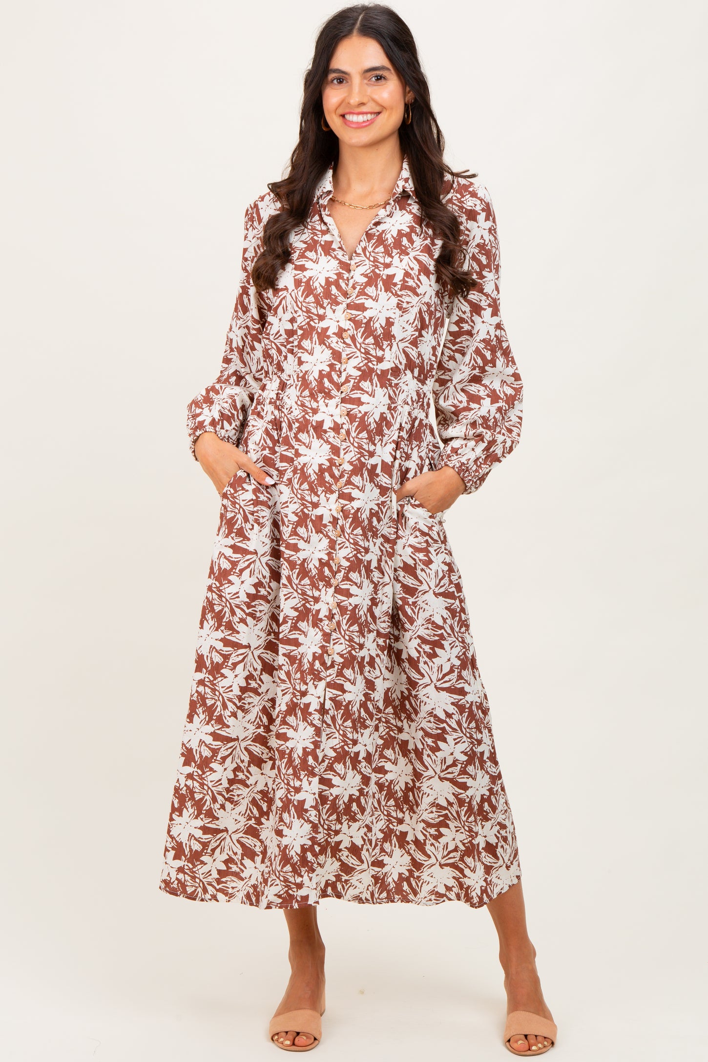 Camel Floral Button Down Long Sleeve Midi Dress