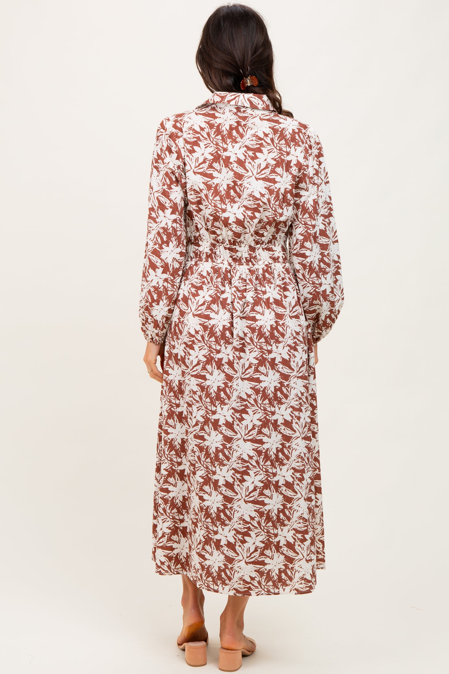 Camel Floral Button Down Long Sleeve Midi Dress