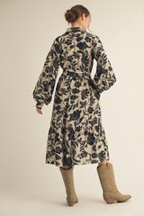 Beige Floral Button Down Bubble Sleeve Shirt Dress
