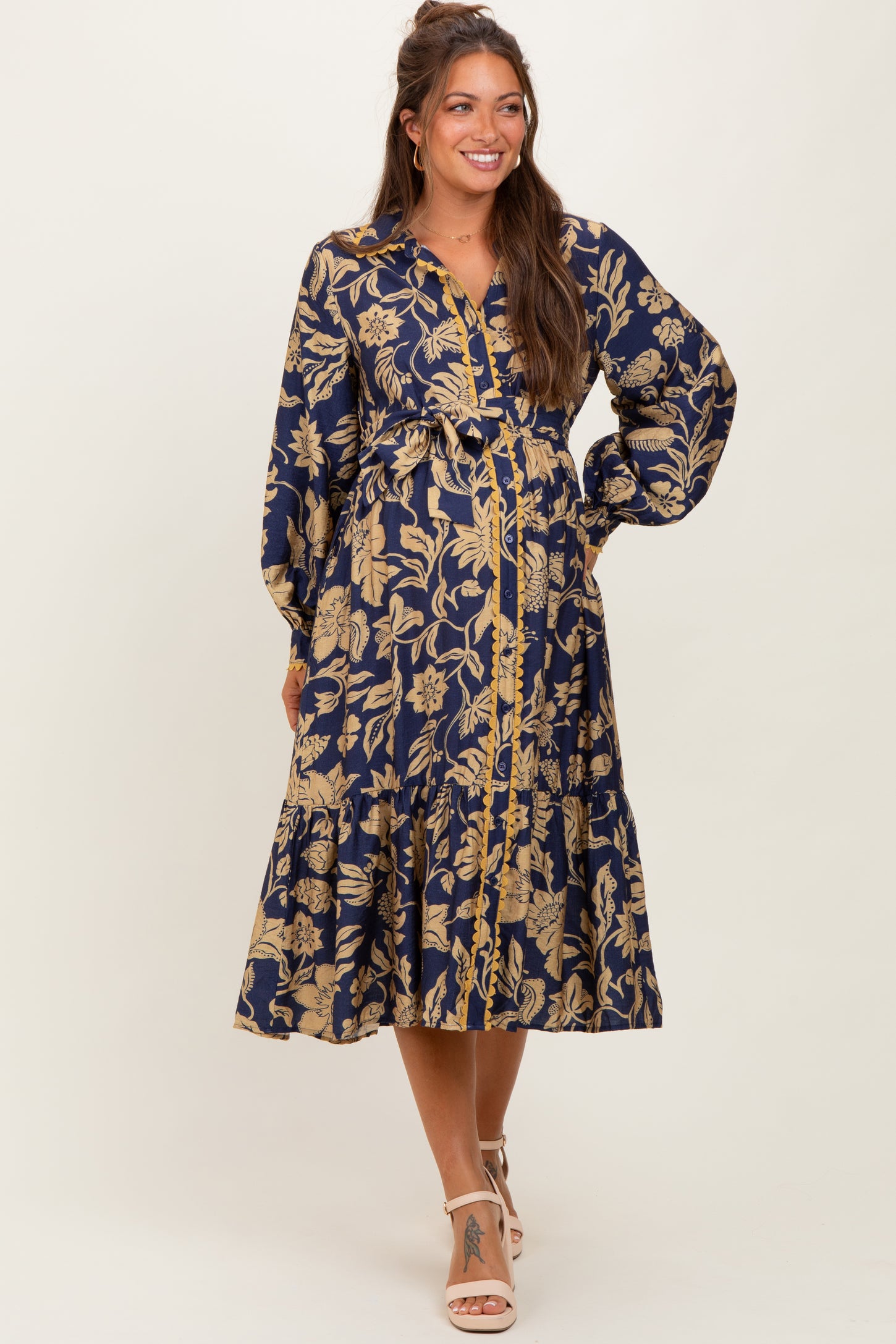 Navy Floral Button Down Bubble Sleeve Maternity Shirt Dress
