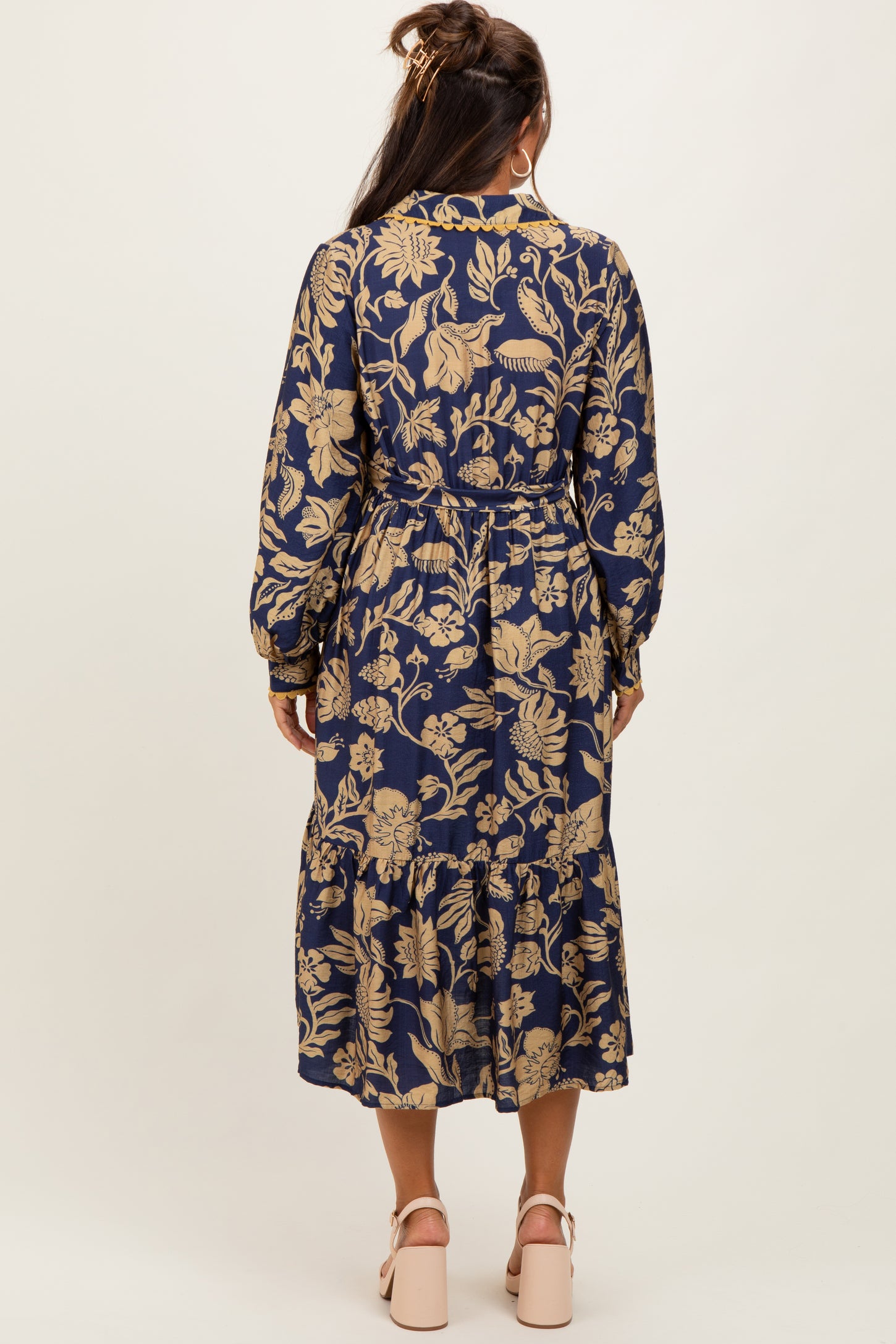 Navy Floral Button Down Bubble Sleeve Maternity Shirt Dress