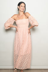 Peach Lace Overlay Smocked Maternity Maxi Dress