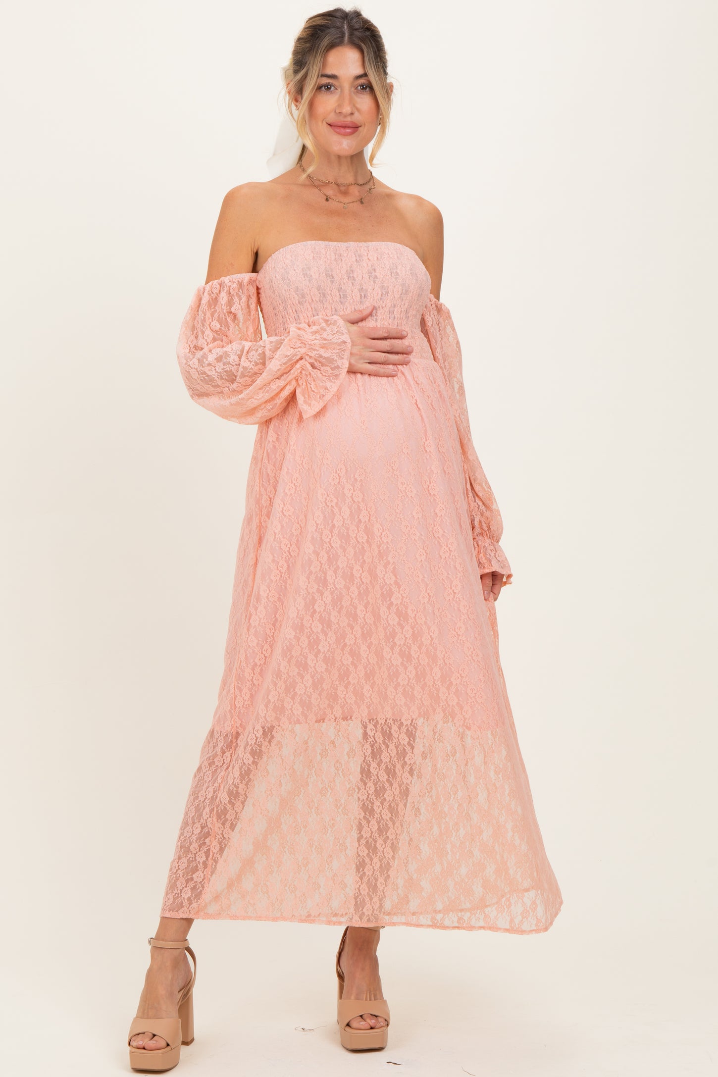 Peach Lace Overlay Smocked Maternity Maxi Dress