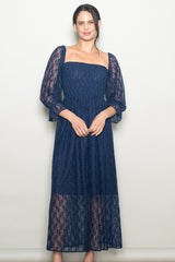Navy Lace Overlay Smocked Maternity Maxi Dress