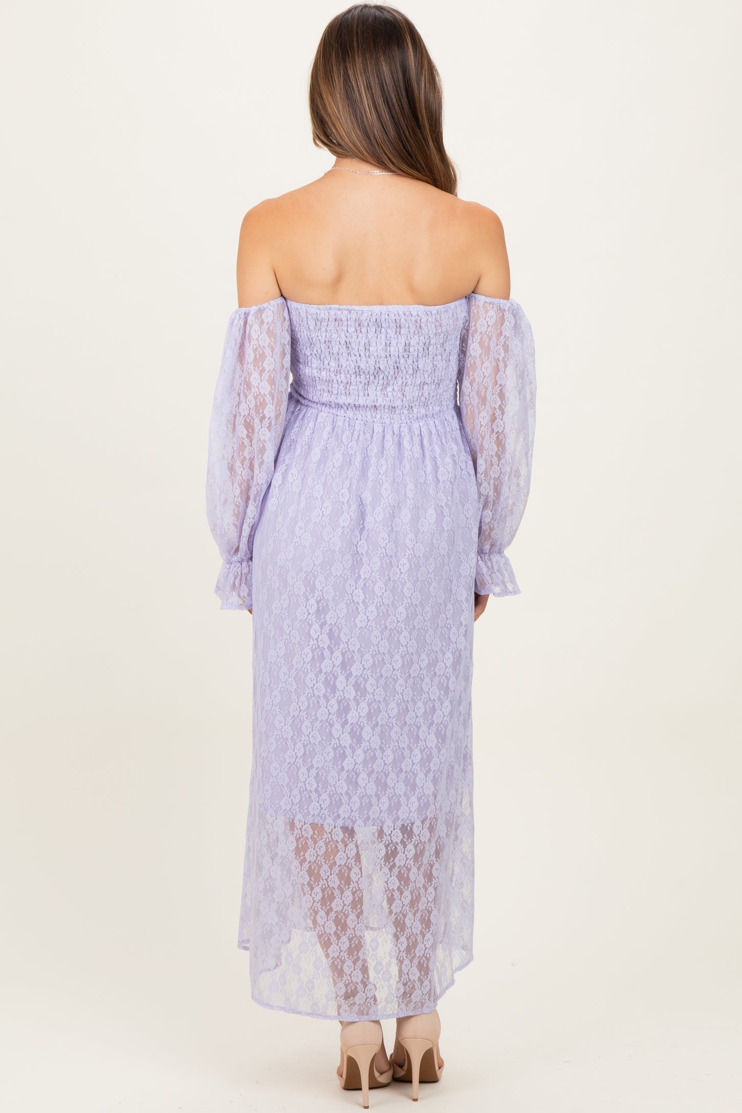 Lavender Lace Overlay Smocked Maternity Maxi Dress