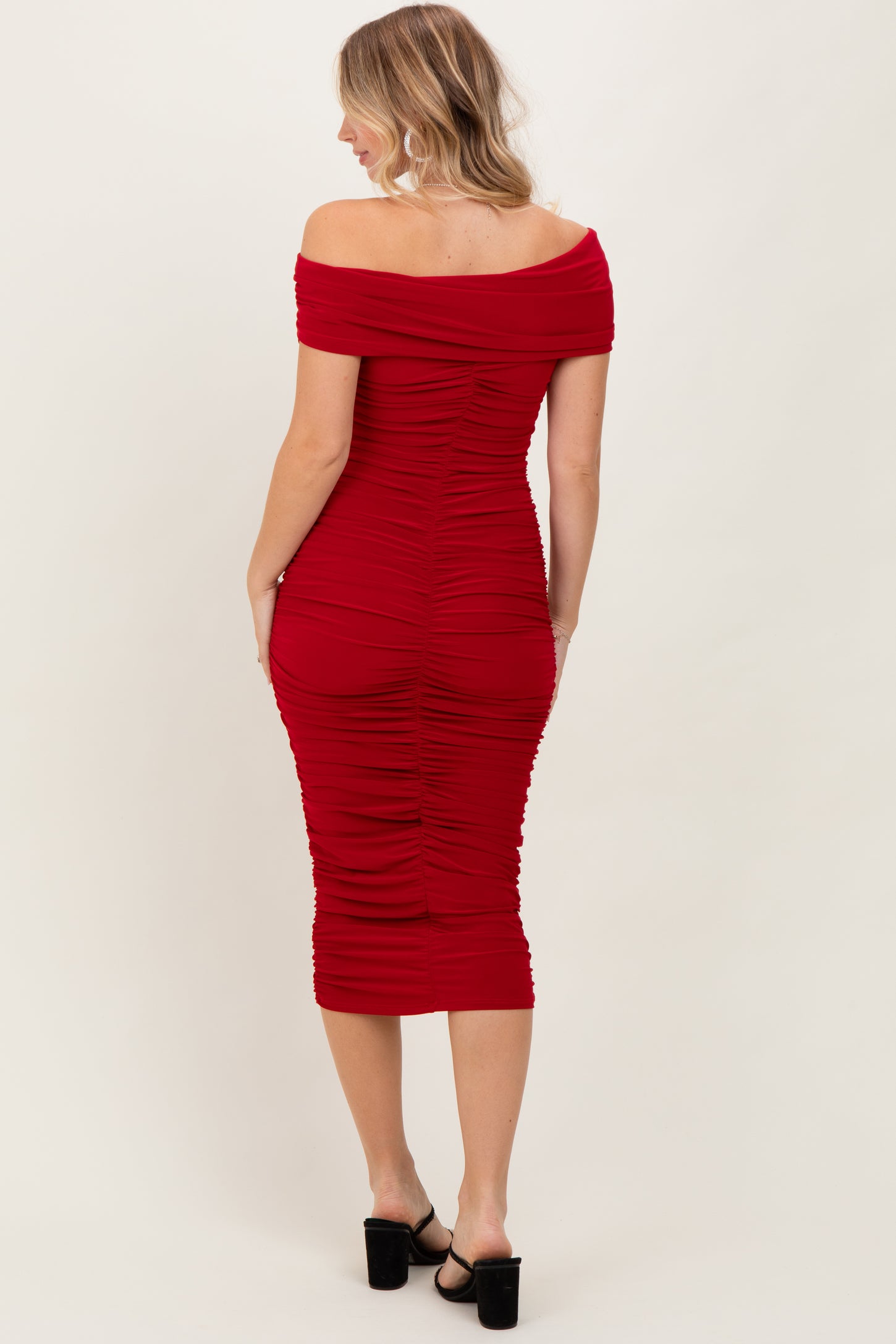 Red Off Shoulder Ruched Midi Dress