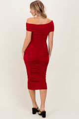 Red Off Shoulder Ruched Midi Dress