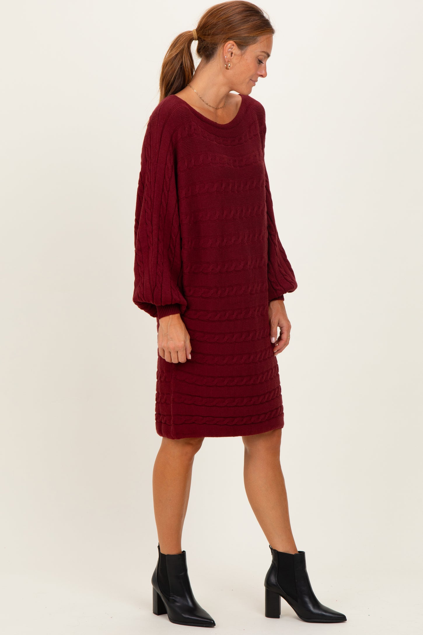 Burgundy Cable Knit Dolman Sleeve Sweater Mini Dress