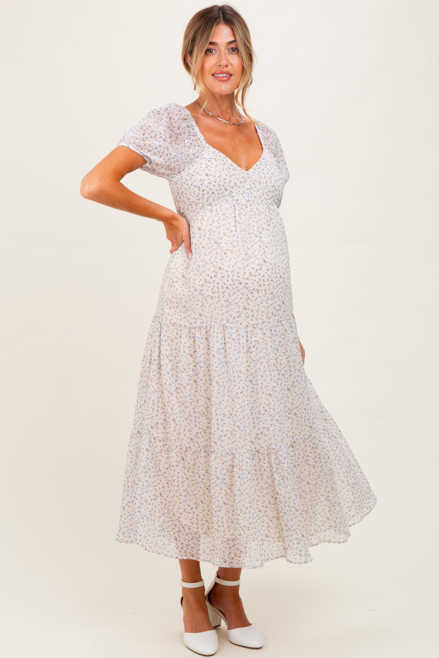 Cream Floral Chiffon Tiered Maternity Maxi Dress
