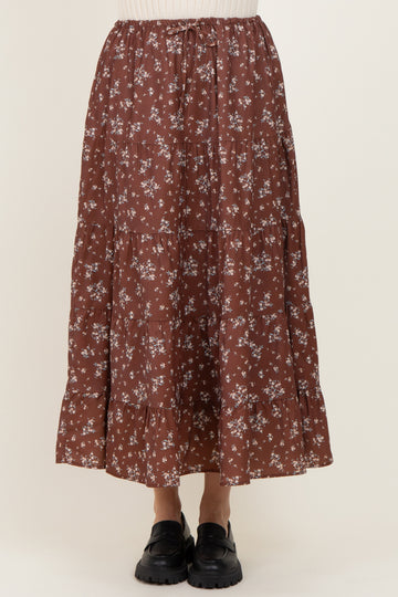 Brown Floral Tiered Maxi Skirt