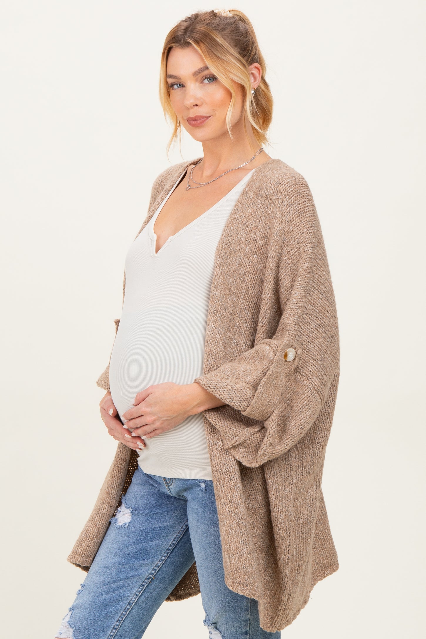 Mocha Oversized Cuffed Sleeve Maternity Cardigan