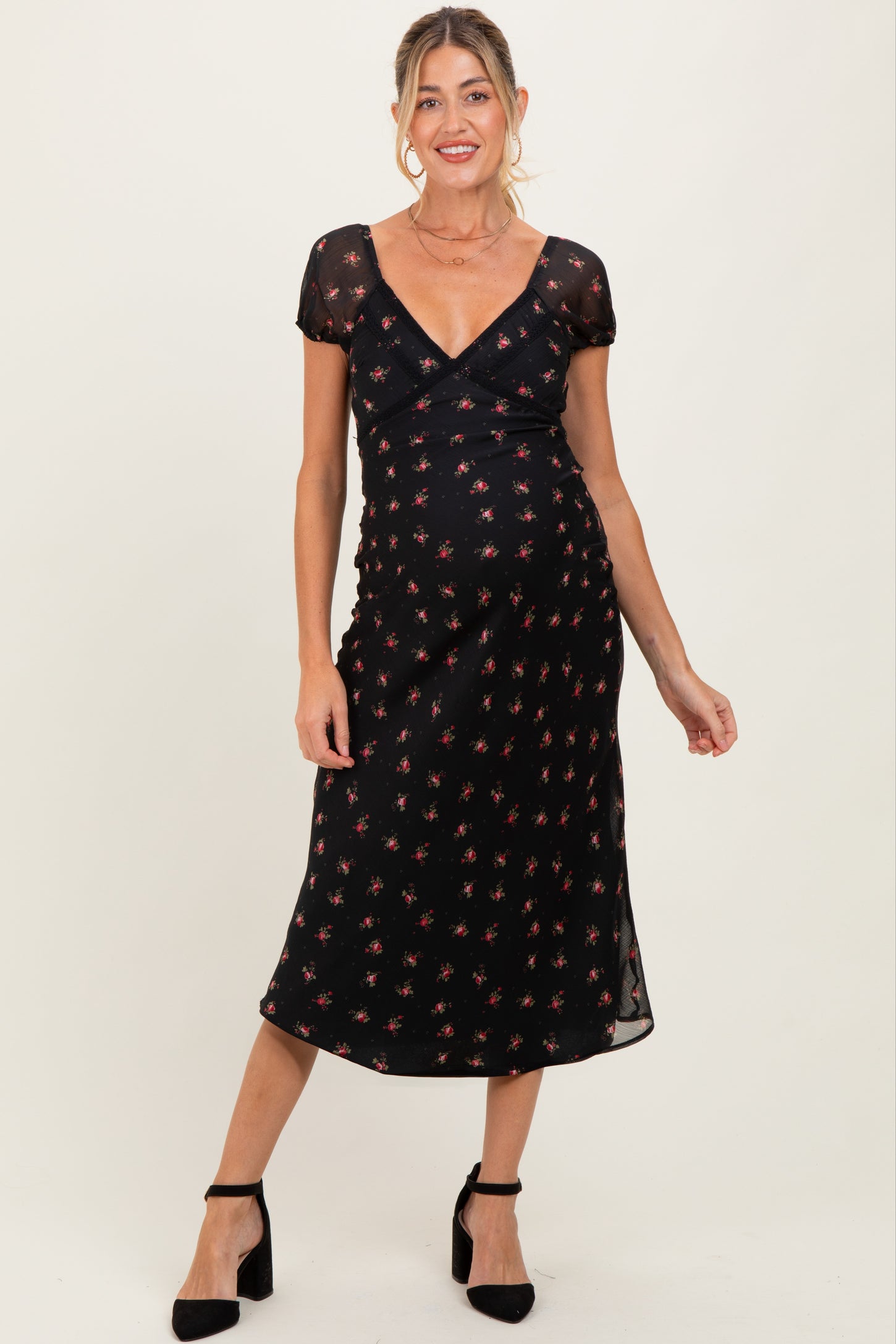 Black Floral Chiffon Maternity Midi Dress