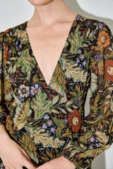 Black Floral Chiffon V-Neck Long Sleeve Maxi Dress