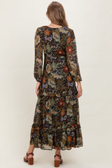 Black Floral Chiffon V-Neck Long Sleeve Maternity Maxi Dress