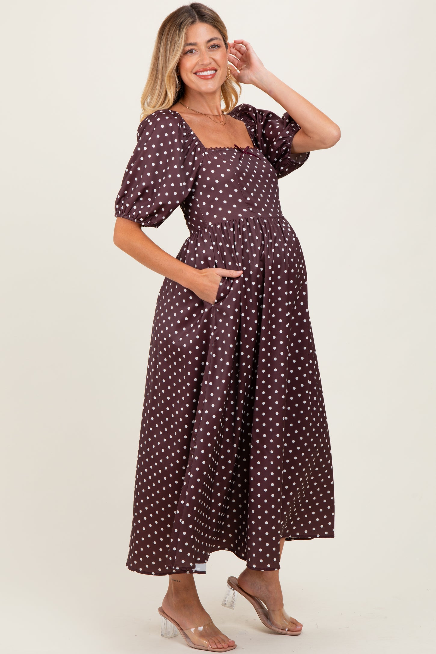 Brown Polka Dot Square Neck Maternity Midi Dress