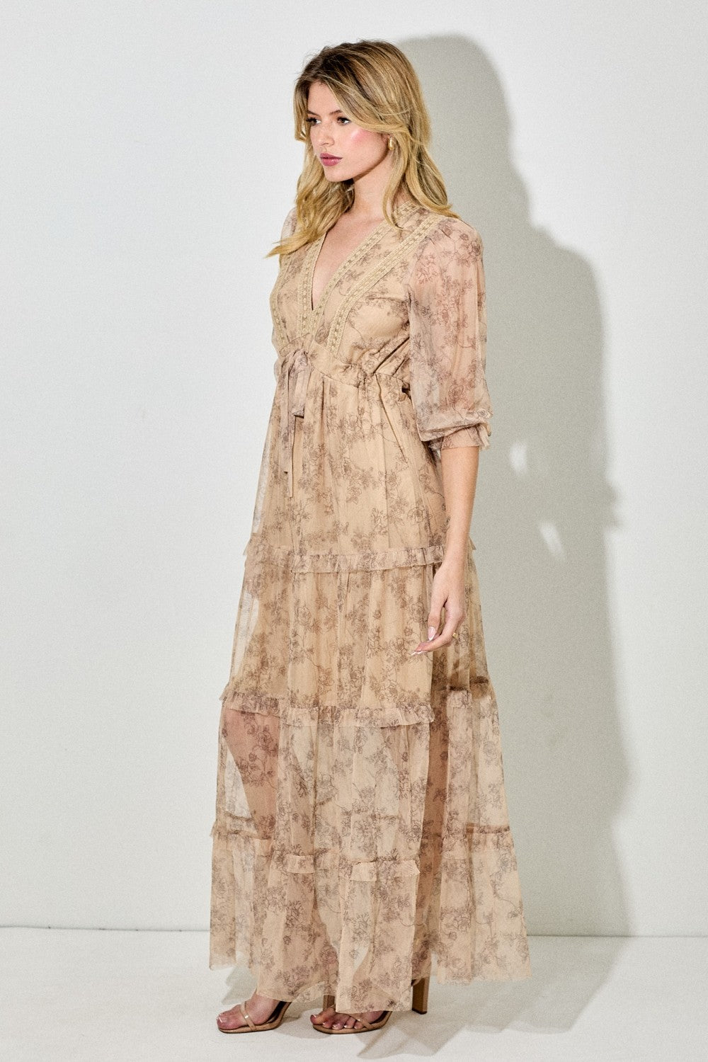 Camel Floral Mesh Overlay Lace Trim Maxi Dress