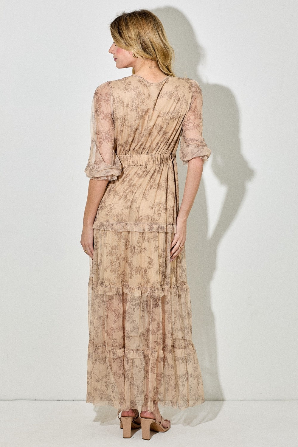 Camel Floral Mesh Overlay Lace Trim Maxi Dress