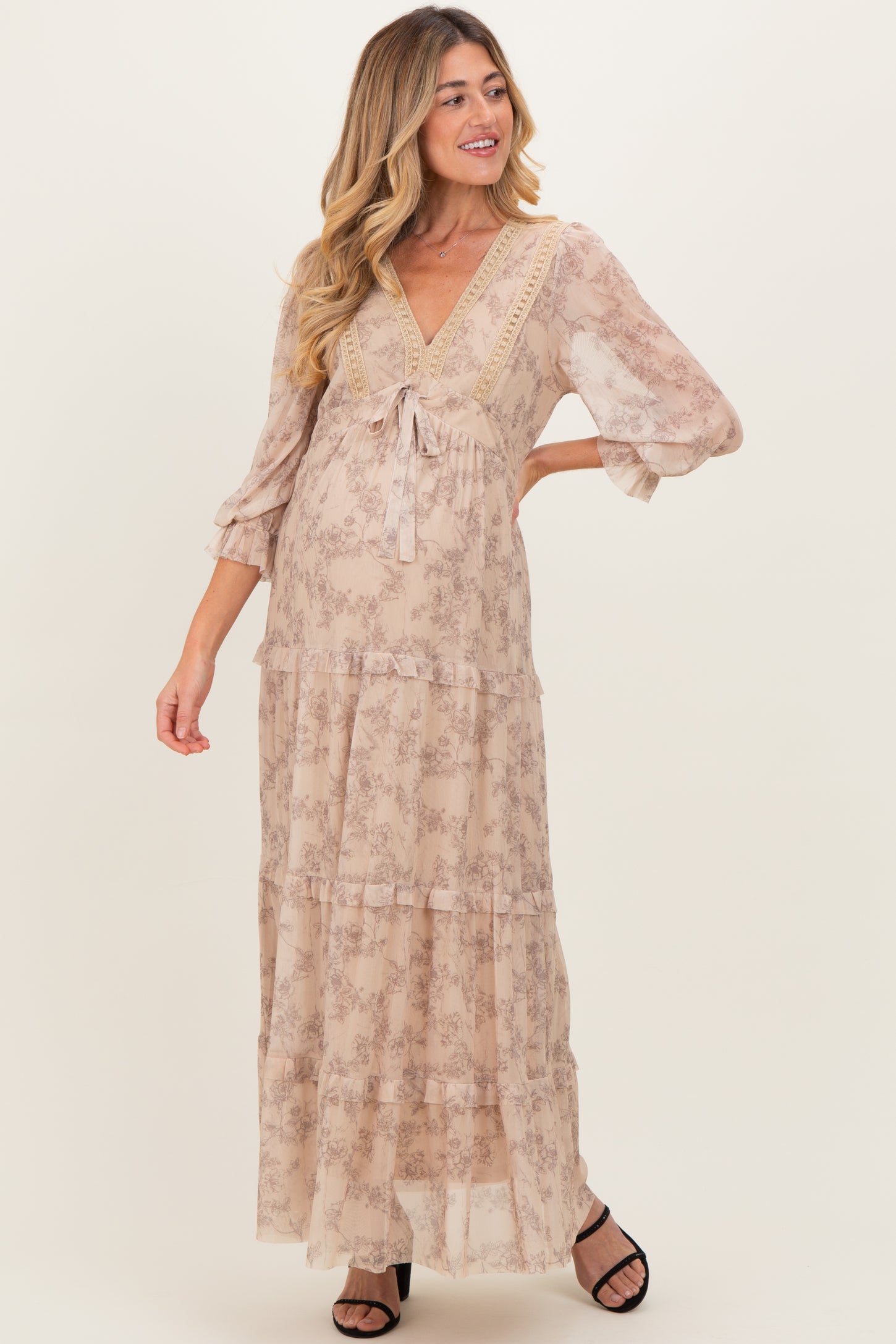 Camel Floral Mesh Overlay Lace Trim Maternity Maxi Dress