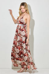 Burgundy Floral Deep V-Neck Open Back Maxi Dress