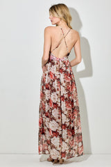 Burgundy Floral Deep V-Neck Open Back Maxi Dress