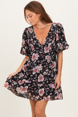 Black Floral V-Neck Puffed Sleeve Maternity Mini Dress