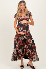 Black Floral Chiffon V-Neck Maternity Maxi Dress