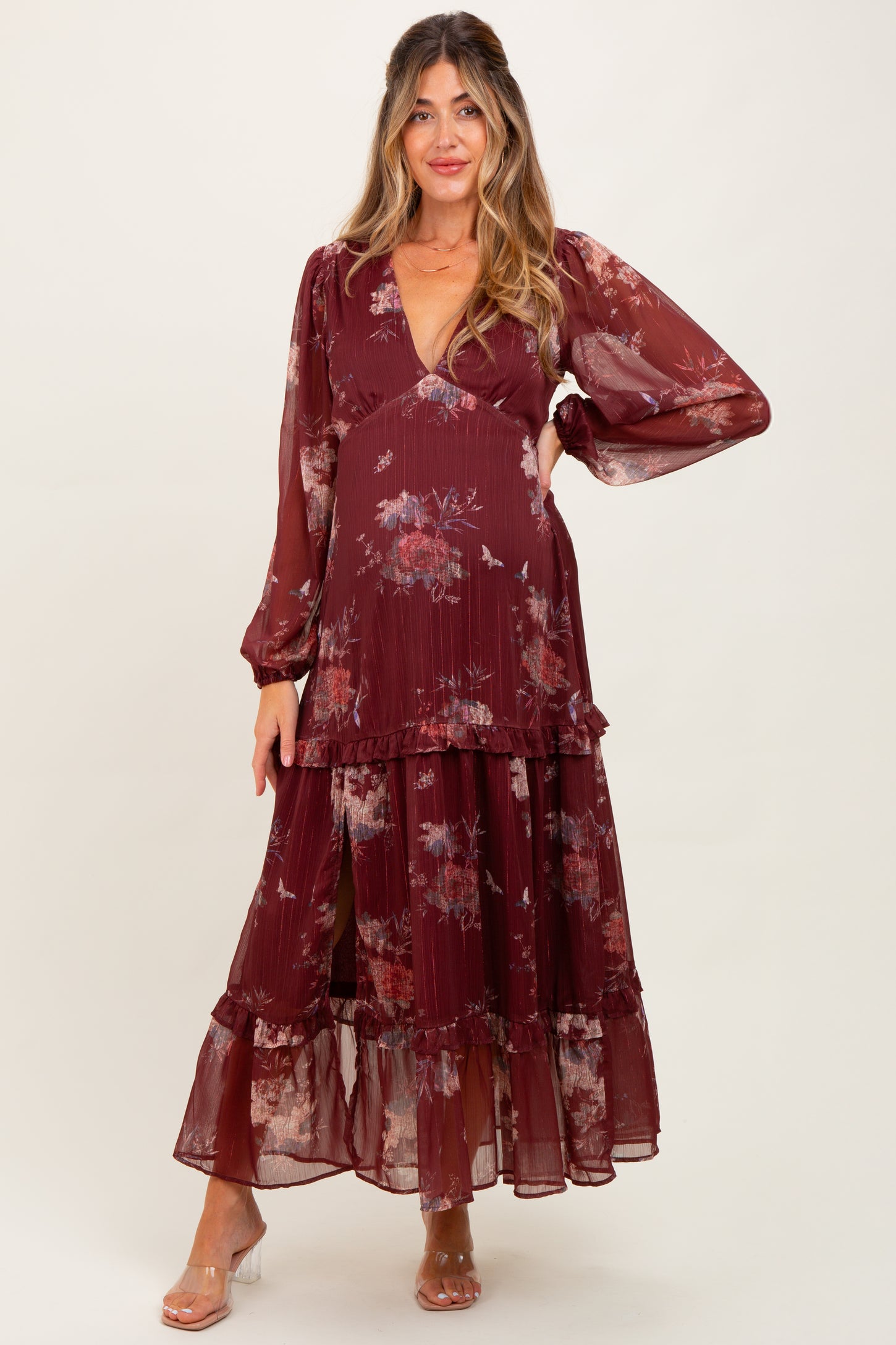 Burgundy Floral Chiffon V-Neck Long Sleeve Maternity Maxi Dress