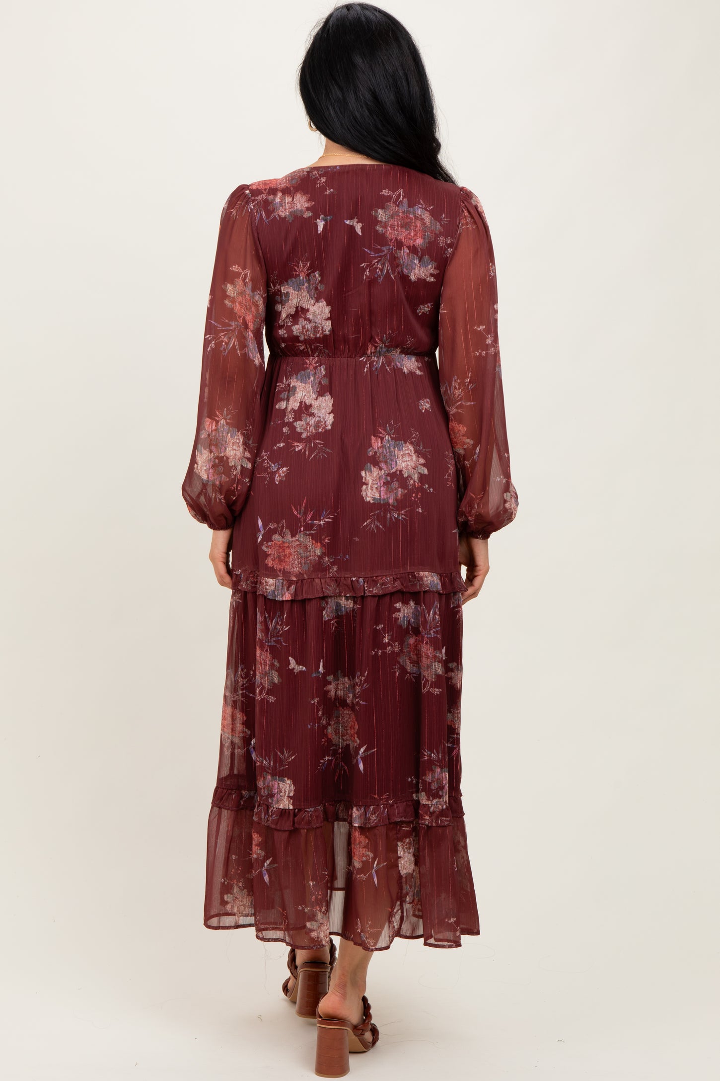 Burgundy Floral Chiffon V-Neck Long Sleeve Maxi Dress