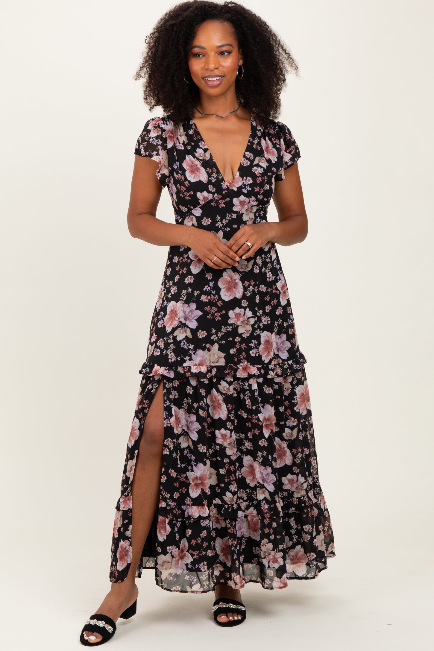 Black Floral V-Neck Side Silt Maternity Maxi Dress