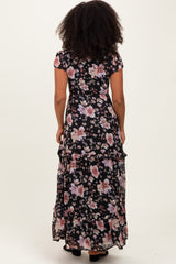 Black Floral V-Neck Side Silt Maxi Dress