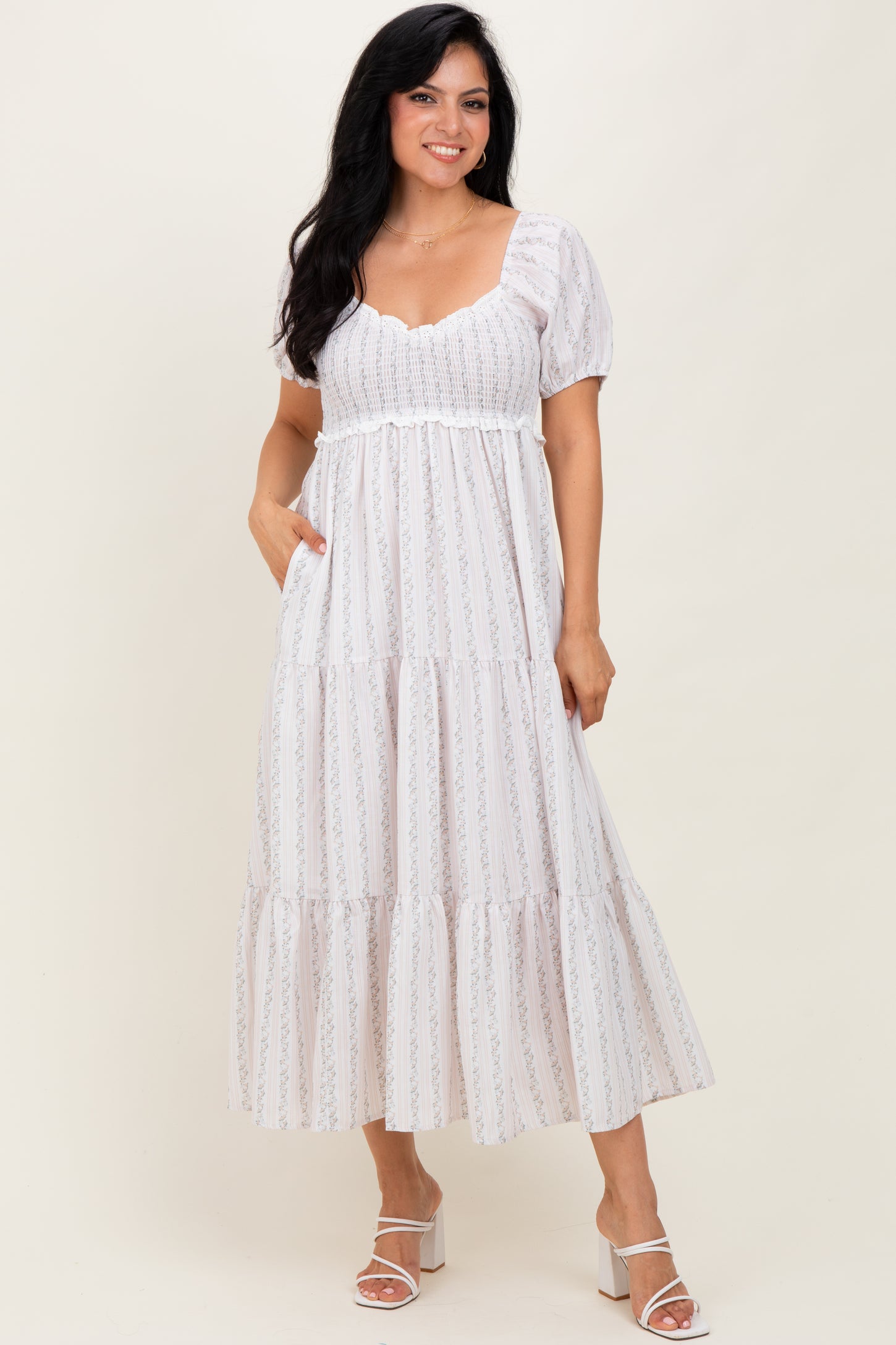 Ivory Floral Stripe Tiered Maternity Maxi Dress