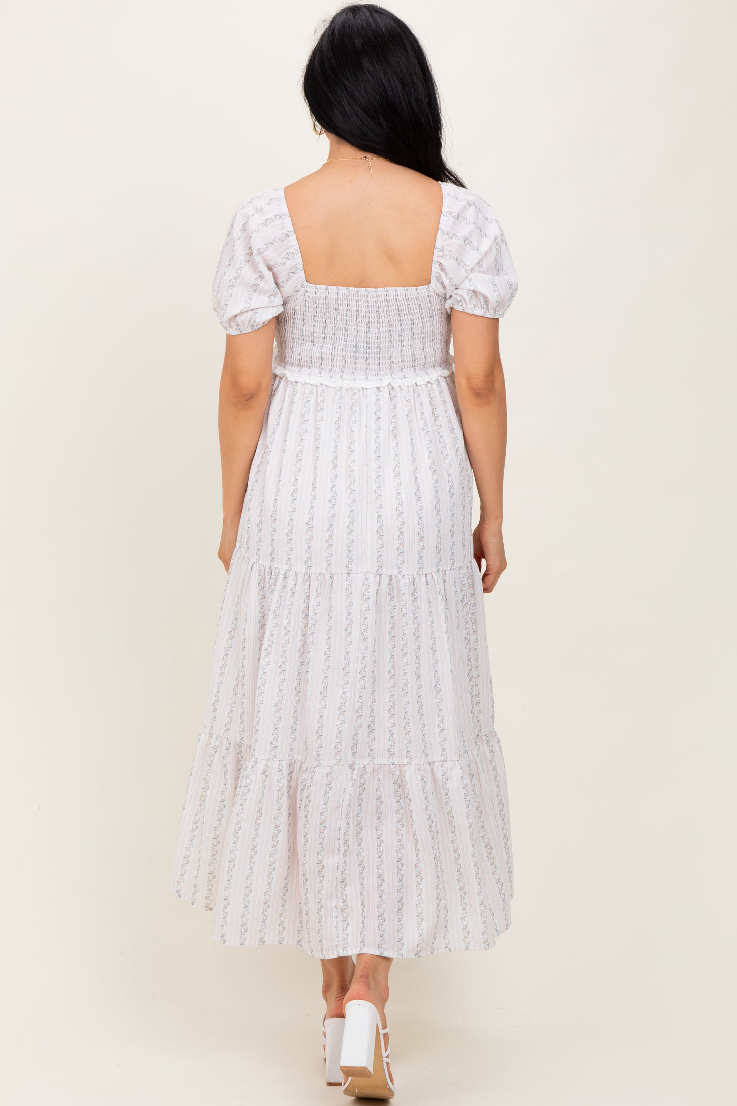 Ivory Floral Stripe Tiered Maxi Dress