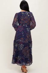 Navy Floral Chiffon V-Neck Long Sleeve Maxi Dress
