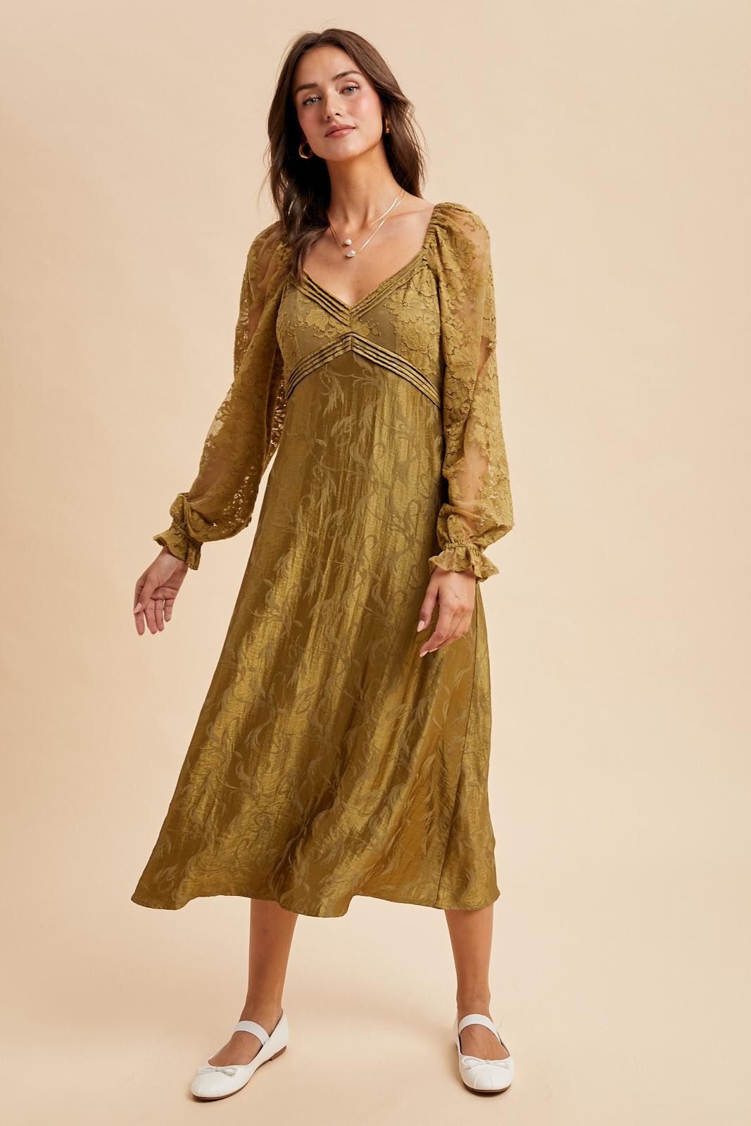 Olive Lace Jacquard Long Sleeve Midi Dress