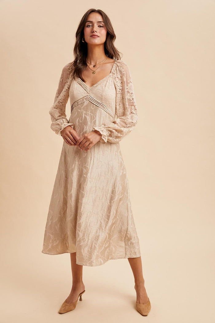 Cream Lace Jacquard Long Sleeve Maternity Midi Dress