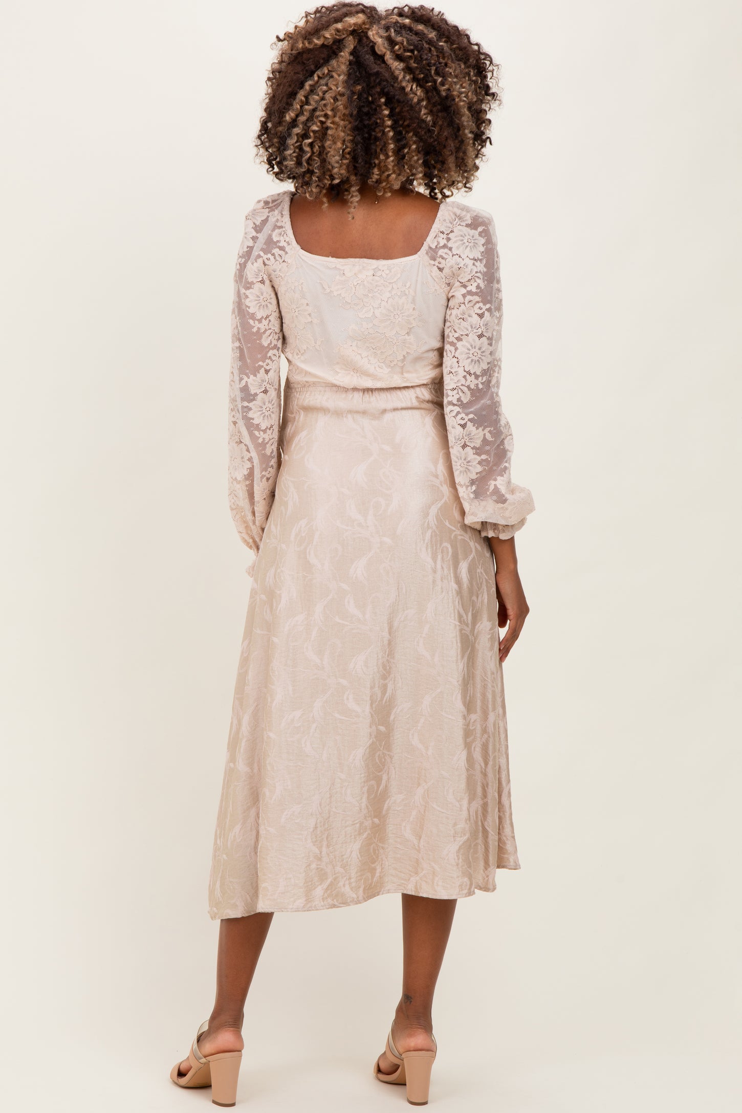 Cream Lace Jacquard Long Sleeve Maternity Midi Dress