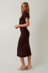 Brown Ribbed Knit Stitch Detail Midi Dress